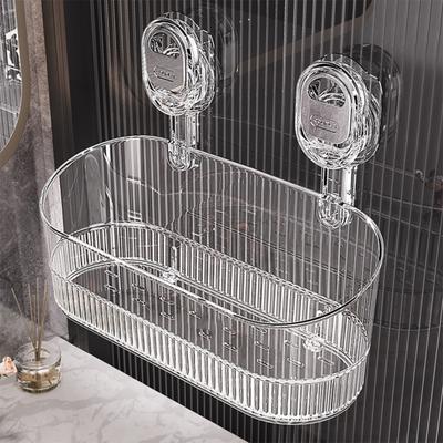 No Drill Bathroom Suction Storage Box Wall-Mounted Storage Shelf Organizer with Drain Hole Removable Clear Shower Caddy for Home Kitchen
