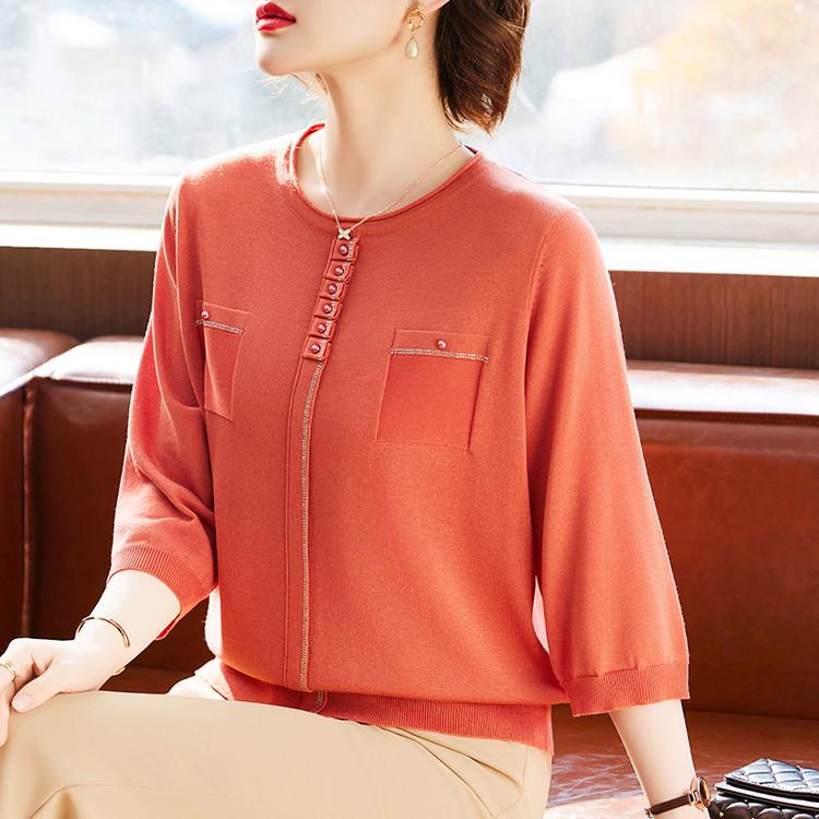 26 Spring Mid-Sleeve Lyocell Knit Knitwear with Gold Thread - 2026 Summer Casual Five-Point Sleeve Solid Color Mother s Wear. M