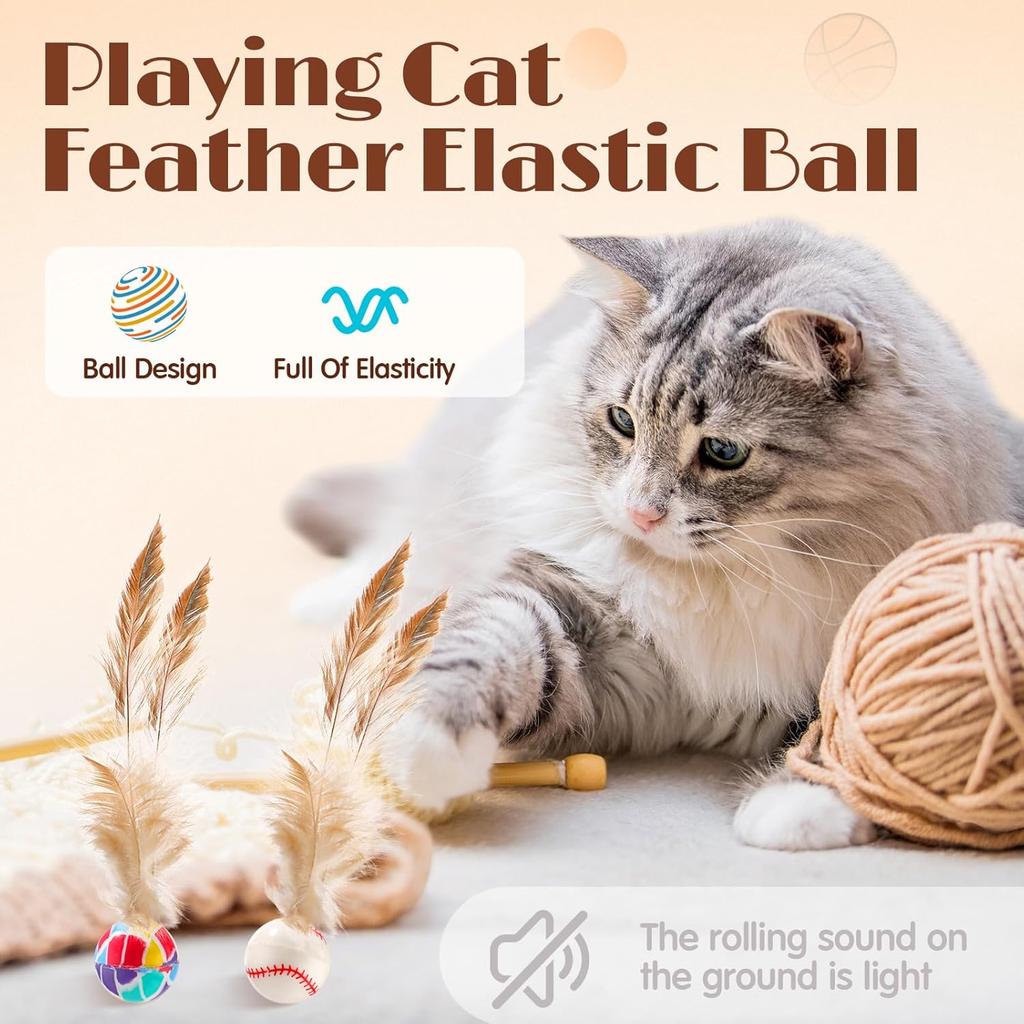Soulchen 40 Pcs Interactive Cat Feather Ball Toy Set 2025 New Bouncy Rubber Elastic Rolling Balls Toy with Feather for Bored Indoor Cats Playful