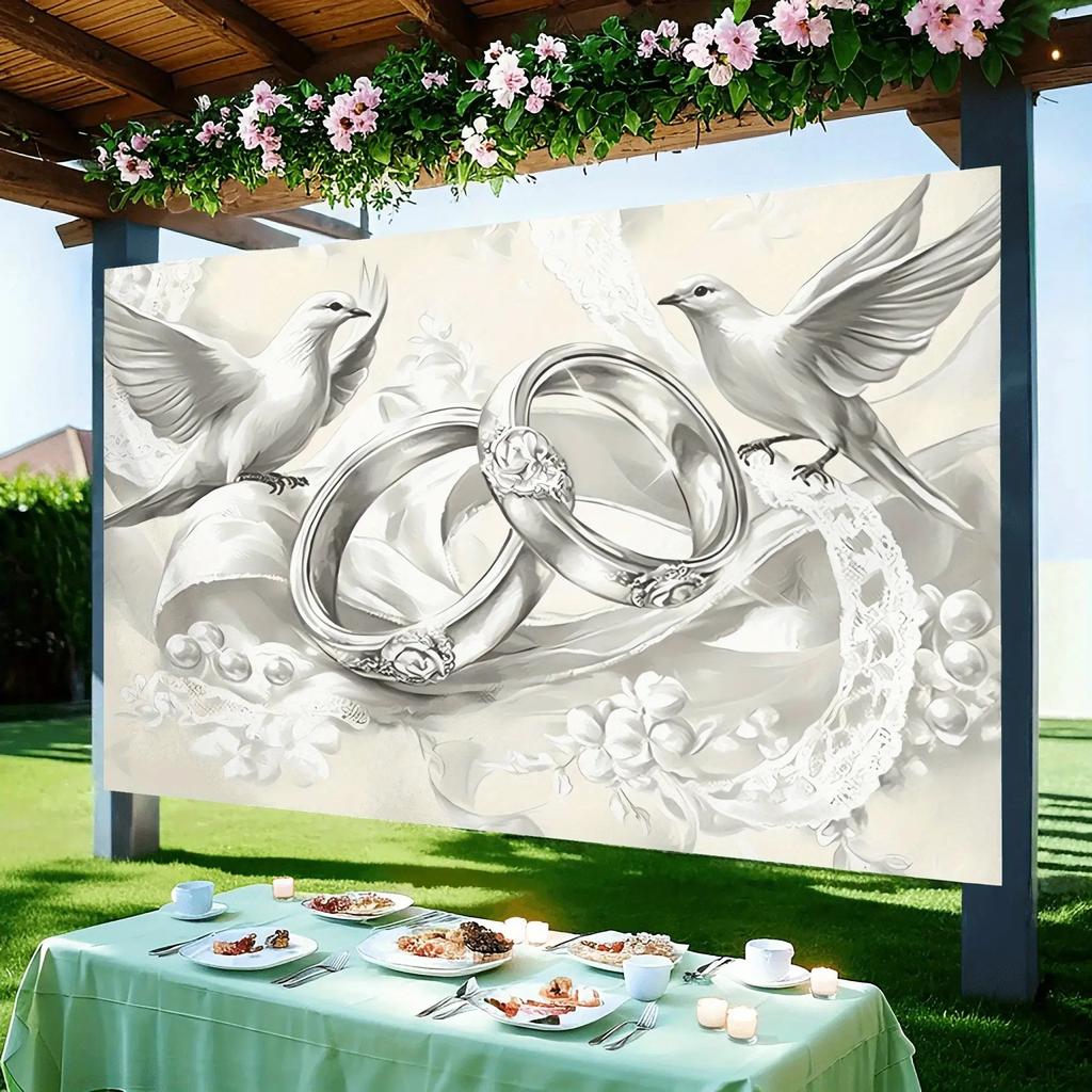 One vintage religious wedding backdrop, featuring a design of intertwined pearl wedding rings, made of polyester material.