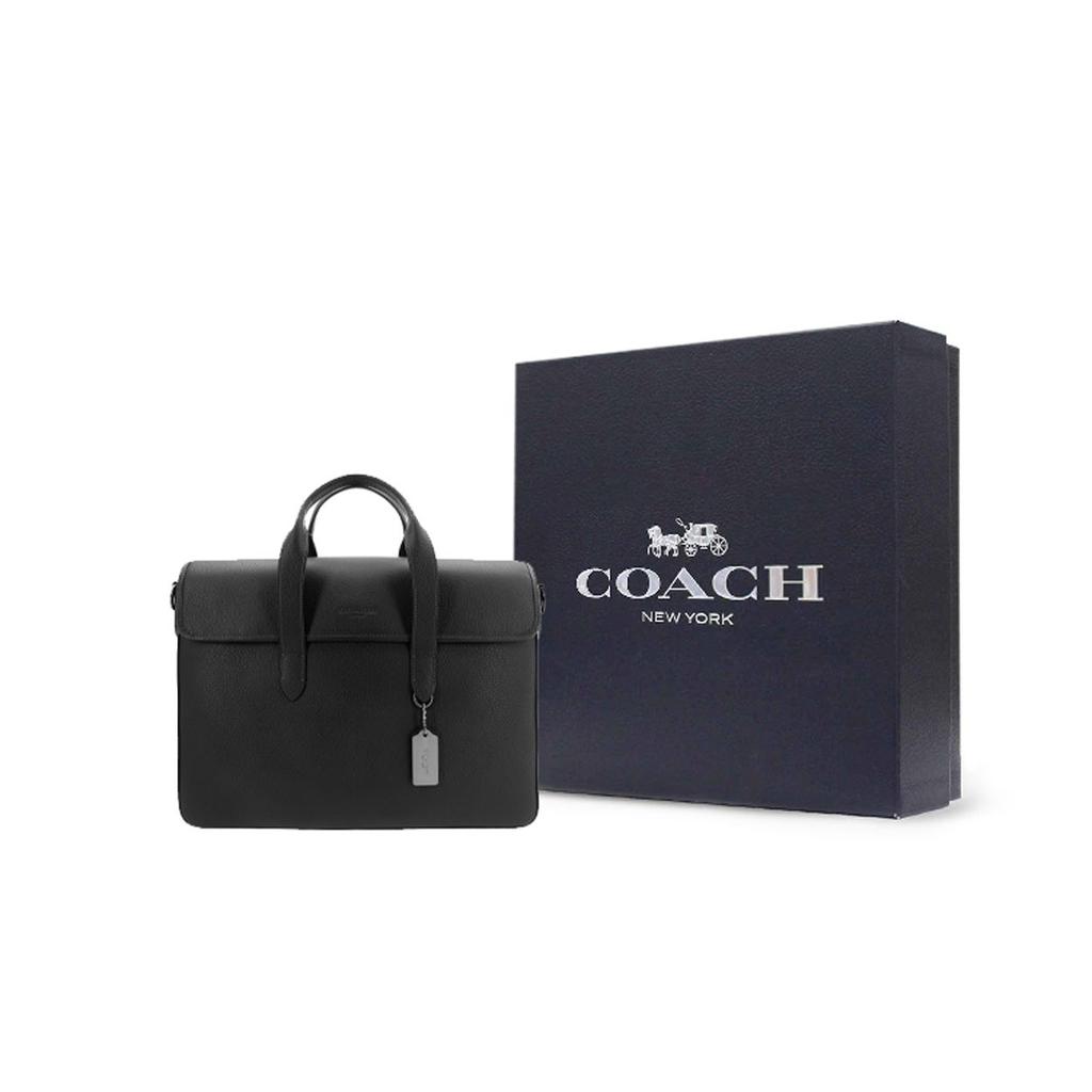 Coach Sullivan 39 Magnetic Closure Detachable Shoulder Strap Leather Document Briefcase Tote Crossbody Bag Large Men Bags Black C9875-QBBK