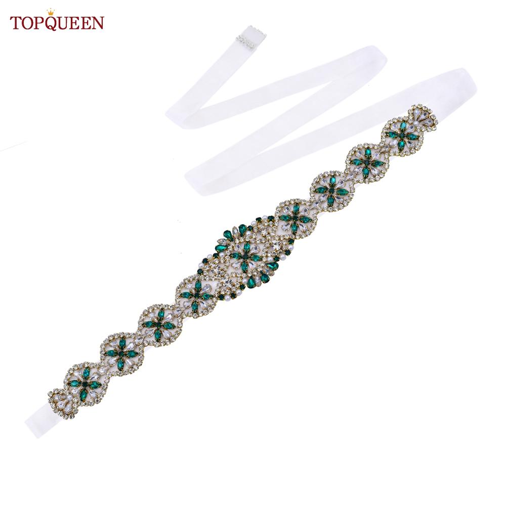 TOPQUEEN S161-KL Neuer Brautgürtel für Hochzeitskleider für Frauen in Gold, handgefertigt, Luxus-Schärpe, Zubehör für das tägliche Partykleid, grüner Strass