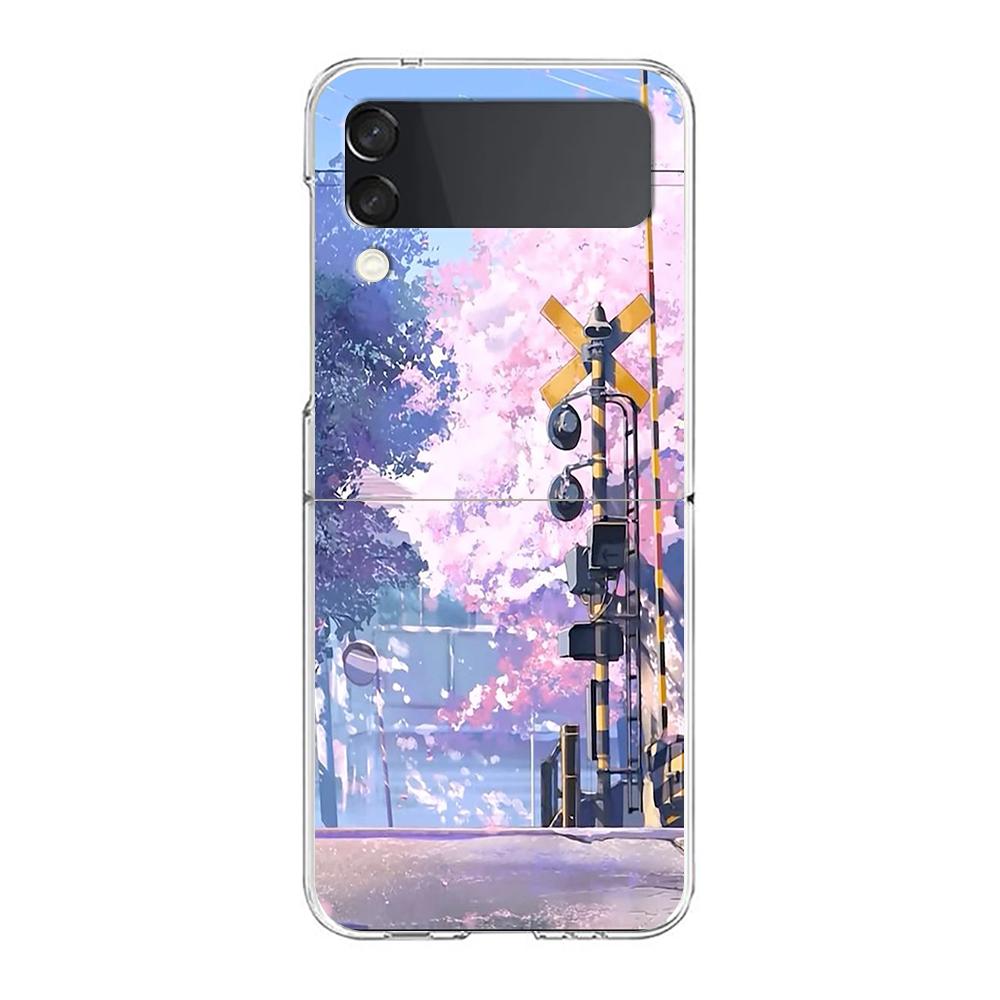 Cherry Blossoms Japanese Traint Moun For Samsung Galaxy Z Flip 3 4 5 Hard Folding Clear PC Phone Case For Samsung Z Flip3 Cover