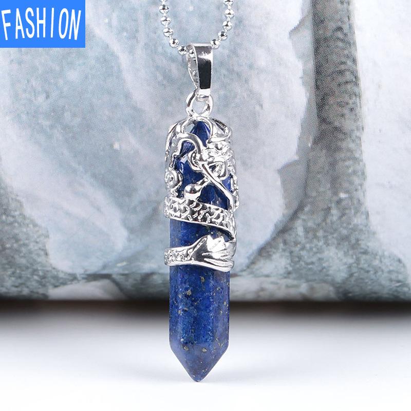 Tribal Totem Dragon Shaped Natural Stone Pendant Hexagon Aura Point Head Crystal Column Nekclace