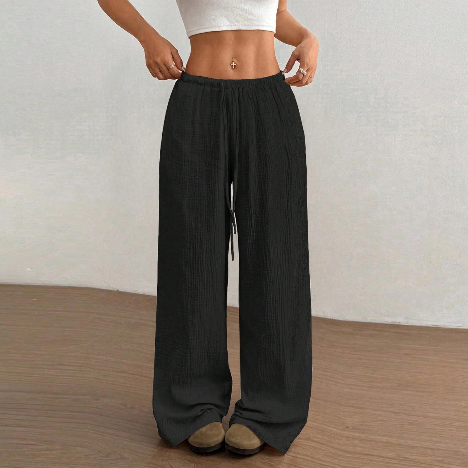 

Women s Casual Color Textured Fabric Knot Waist Slanted Wide Leg Pants M чёрный