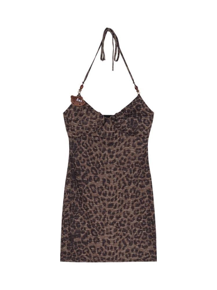 Hot and sexy neck sling leopard print dress for women's early spring new waist and thin inner hip-wrapped short skirt