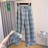 Women's Retro Plaid Wide-Leg Elastic Waist Pants