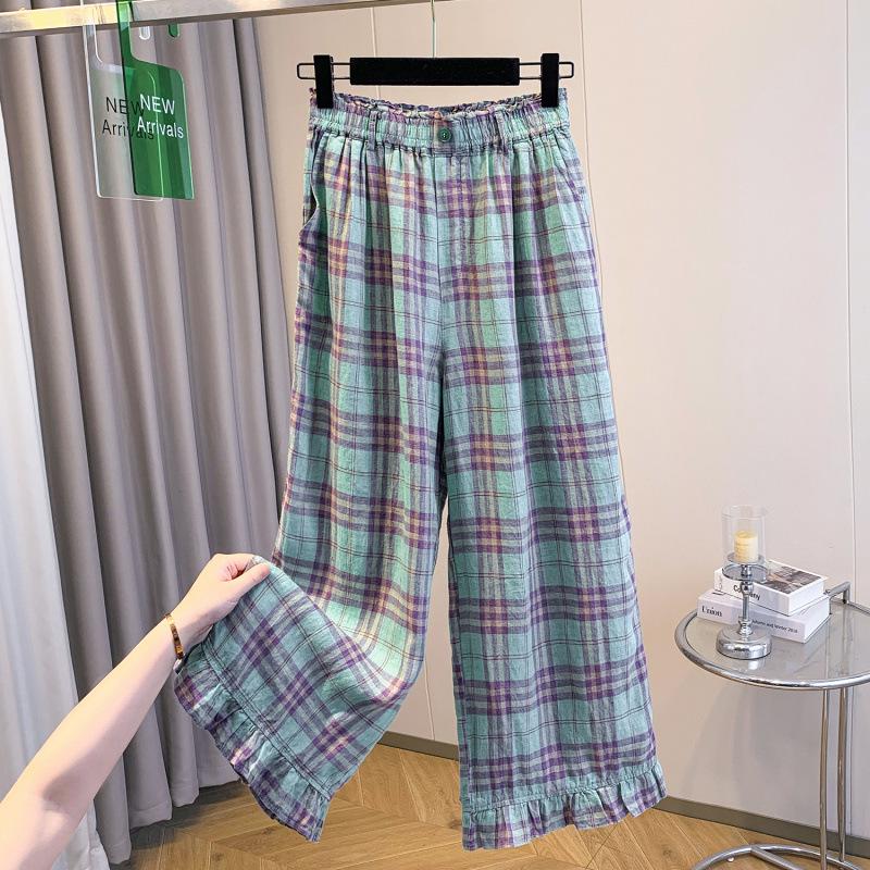 Women's Retro Plaid Wide-Leg Elastic Waist Pants