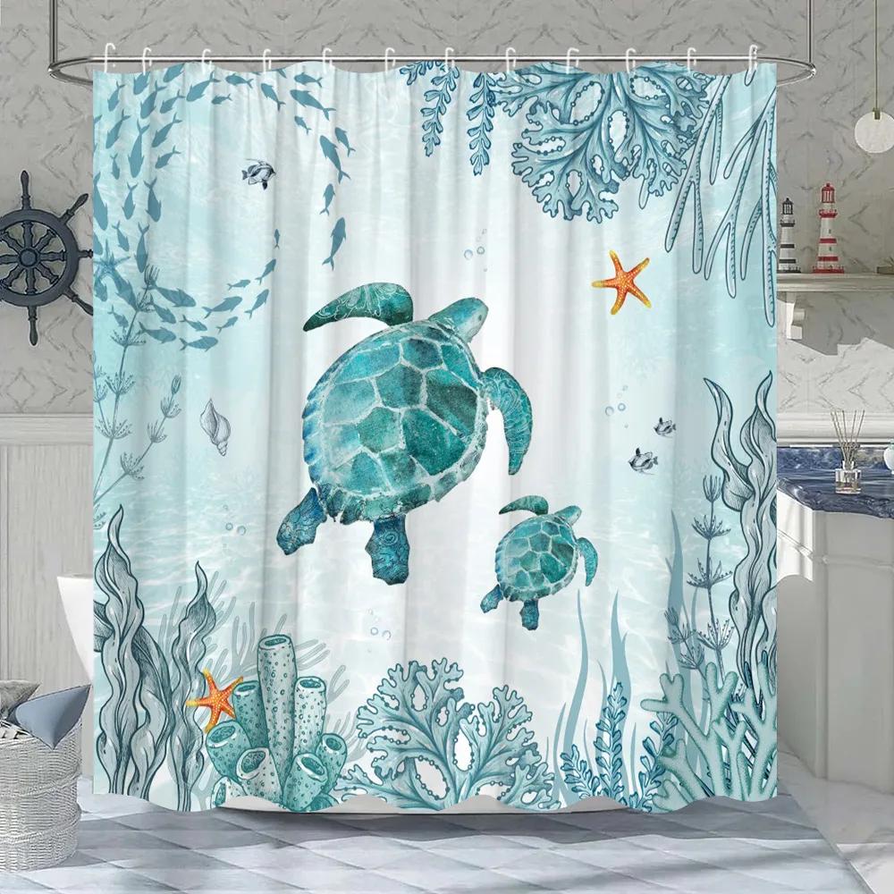 Ocean Animal Shower Curtain Underwater World Coral Nautical Sea Turtle Adventure Home Polyester Fabric Bathroom Decor Curtains