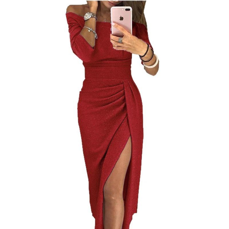 Vestido feminino de gola única com fenda lateral no quadril vestido brilhante vestido de jantar