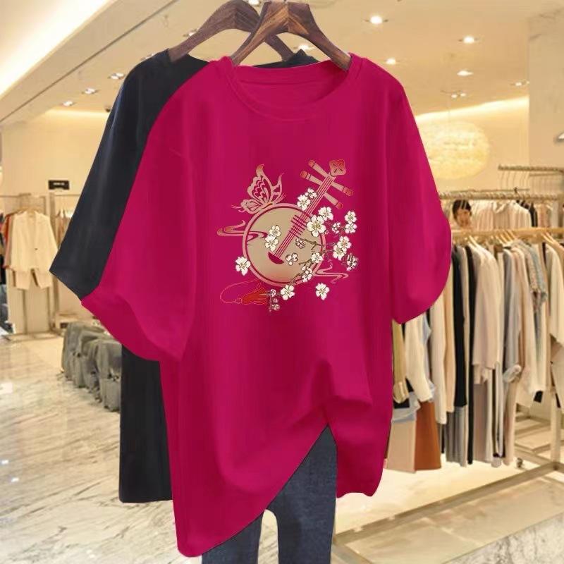 Cotton White Short-sleeved T-shirt Women's Medium and Long Summer 2025 New Printed Loose Large Size Round Neck Half-sleeved Top T