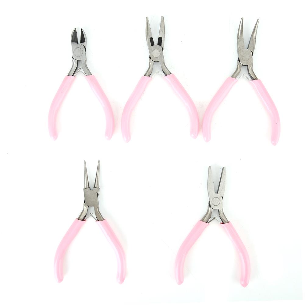 5pcs Mini Pink 4in Metal Pliers Set Kit Cutter Handwork Jewelry Crafts Tool