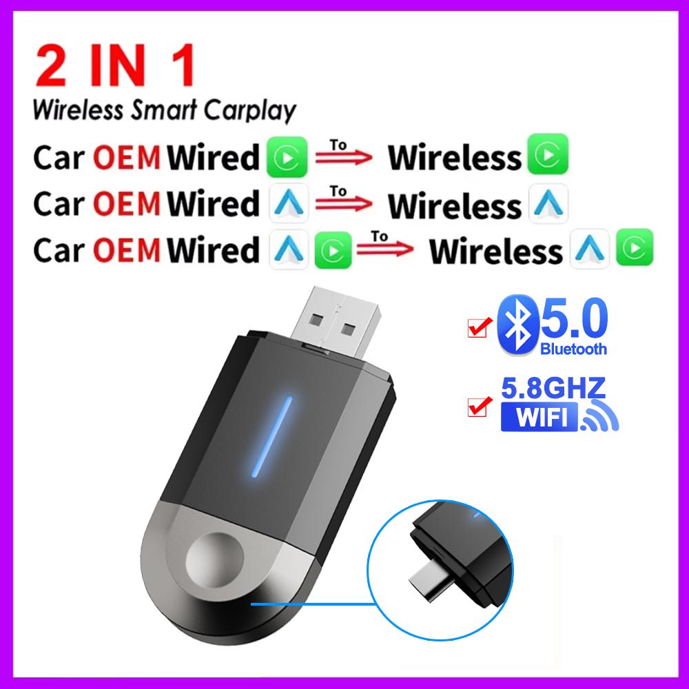 2 IN 1 Wired to Wireless CarPlay Android Auto Adapter USB Dongle Smart Mini Box Plug & Play For VW Toyota Nissan Honda Ford Benz