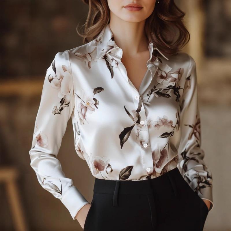 Women s Retro Oil Painting Flower Print Shirt Spring and Summer New Niche Long-sleeved Shirt S белый
