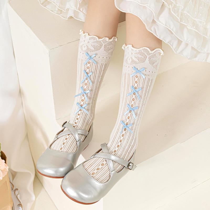 Children's Socks Summer Lolita Wooden Ear Mesh Ribbon Large Bow Mid-tube Socks for Girls