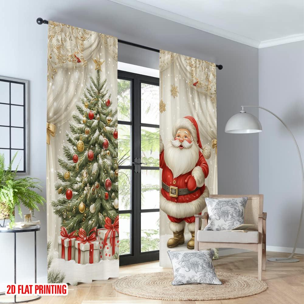 Set Of 2 Flat Printing Christmas Hot Party Curtains Santa Claus Gifts Snowflakes Digital Printed Polyester Drapes Curtain
