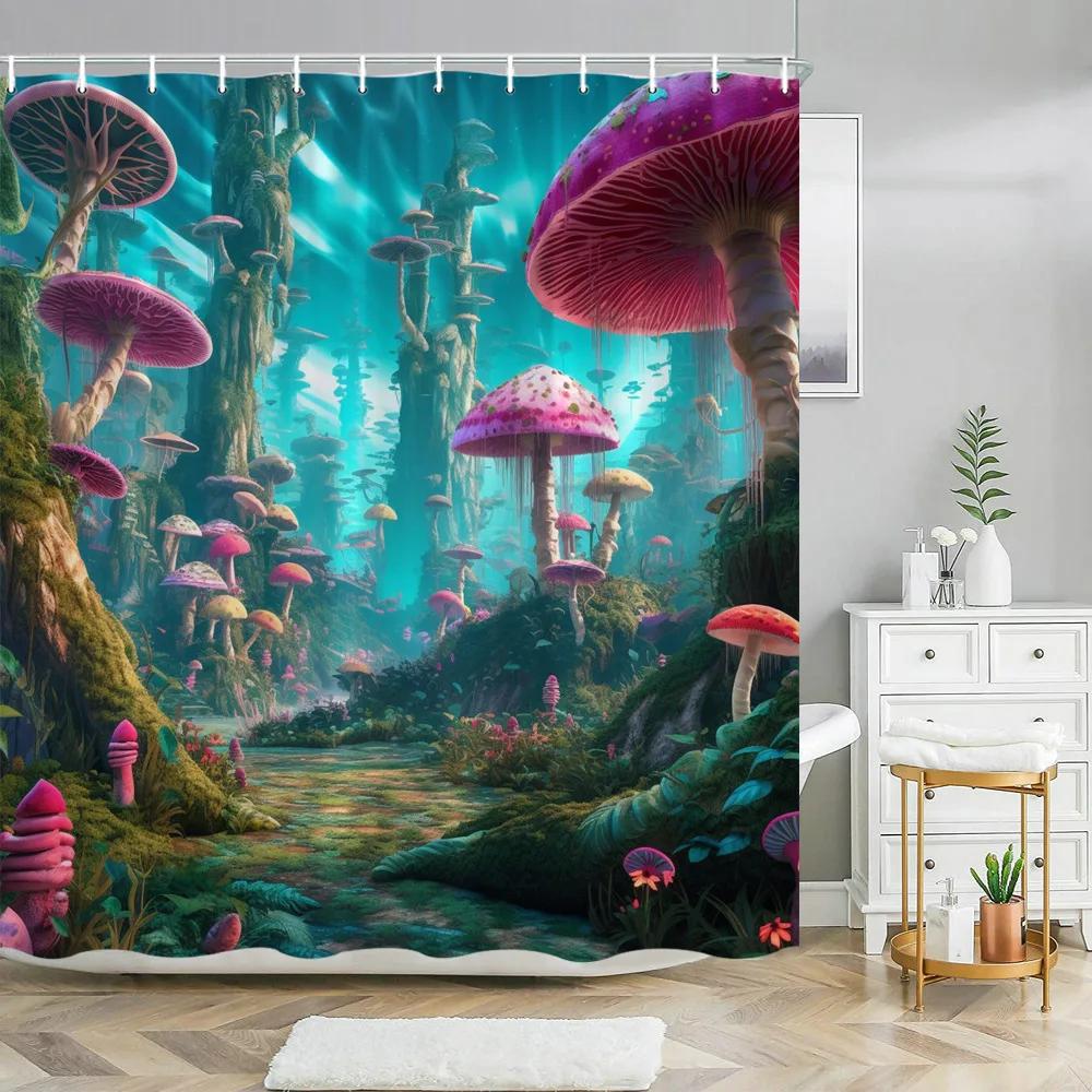 Fantasy Mushroom Shower Curtains Fairy Forest Tree Gothic Panel Jungle Green Zen River Bathroom Decor Shower Curtain With Hooks