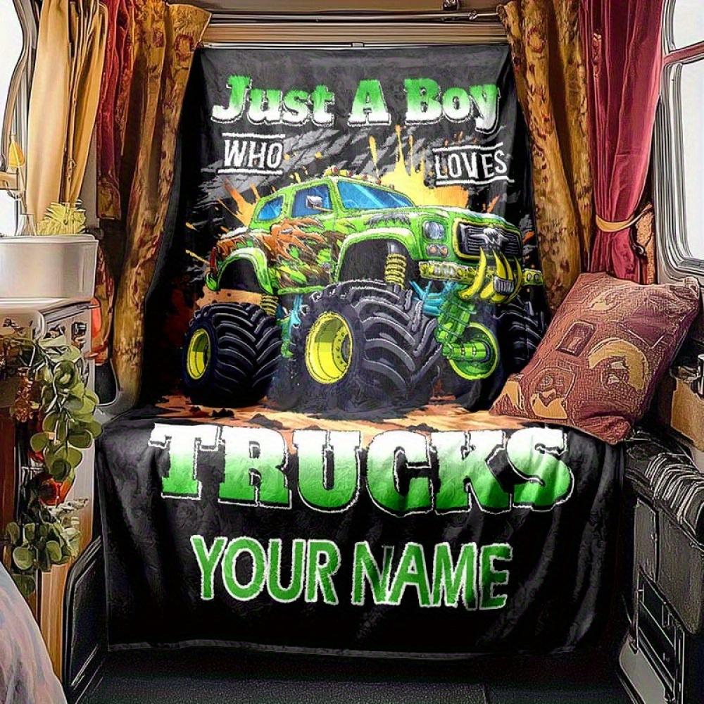 1Pc Customizable Green Monster Truck Blanket "Just Who Loves Trucks" Design Cozy Flannel Throw For Sofa Bed Travel