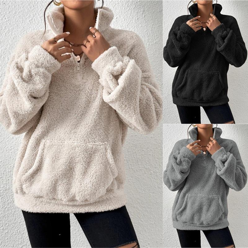 Autumn Winter Woolen Plus Plush Women's Standing Collar Hoodie Casual Top Hoodie