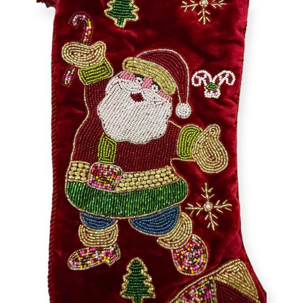 Handmade Beaded Santa Christmas Red Stocking – 21” Large Velvet Holiday Decor Fireplace Stocking Santa Claus Christmas Decoration & Gift Bag