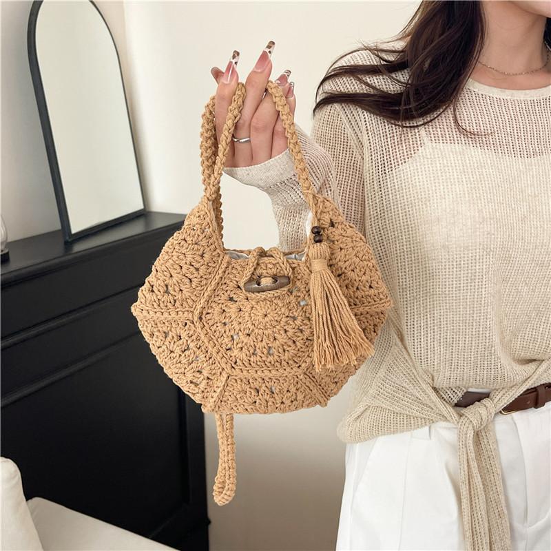 Hand Knitted Bag Women's Lightweight French Artistic Handbag Bucket Woven Shoulder Bag Semicircle Handheld Bag KTB