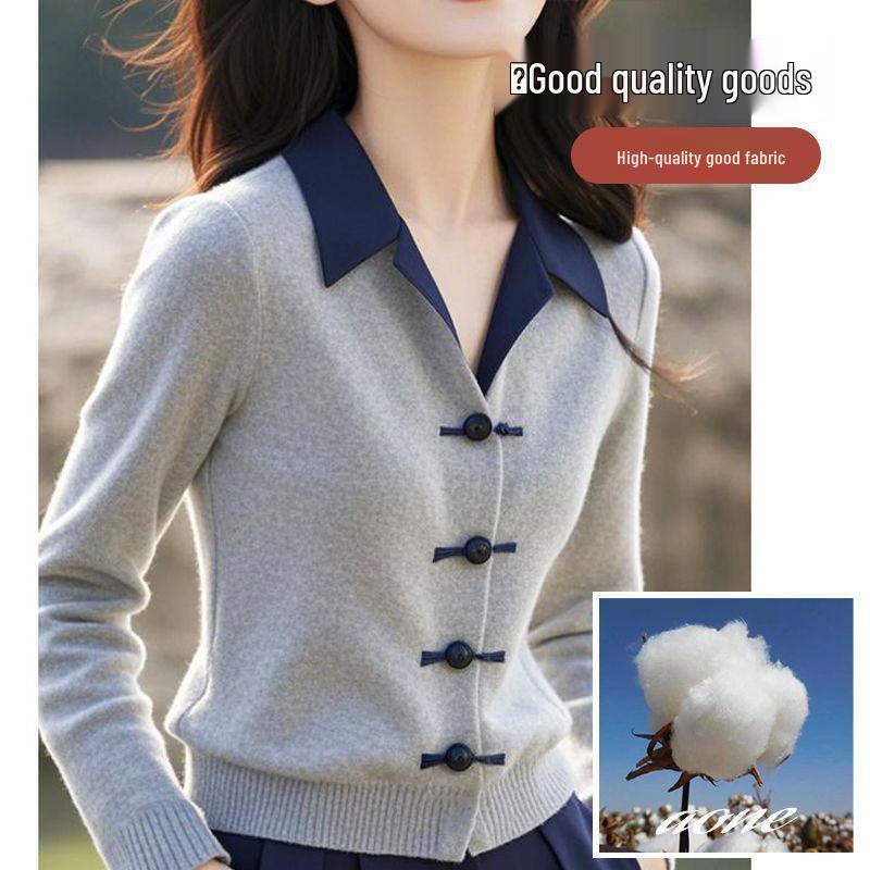 

Autumn/Winter Polo Collar Chinese-Style Knitwear: Plus Size, Slimming, Flattering Sweater S 80-90 lbs
