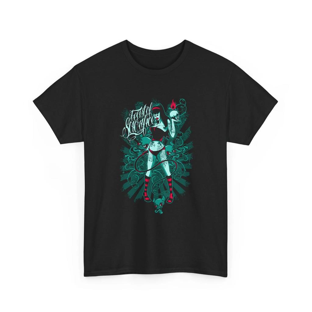 Lady Holding Skull Graphic Tee | Retro Sunburst Illustration, Cool Shirt, Cotton