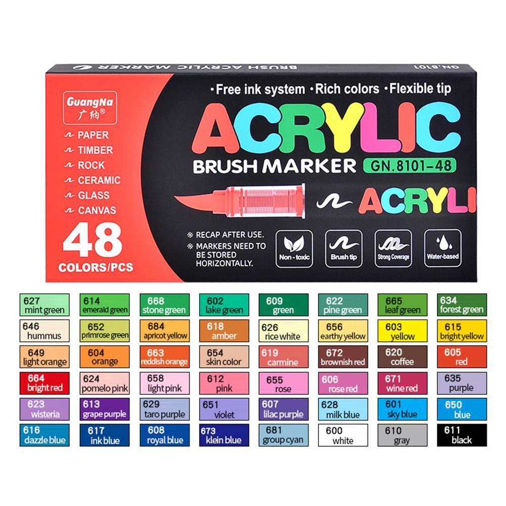 12-48 Colors Acrylic Paint Marker DIY Waterproof Soft Brush Tip Paint Pens for Wood Stone Canvas Glass Fabric Egg Rock Painting
