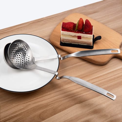 IMEEA Hot Pot Ladle Set, 31cm Long, with Ladle, Serving Spoon, and Slotted Ladle, Made of 18-8 Stainless Steel, Set of 2, Dishwasher Safe