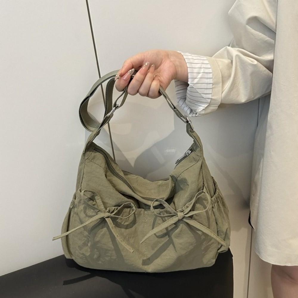 Pleated Nylon Shoulder Bag Multiple Pockets Hobo Bag Sweet Bow Crossbody Bag Women