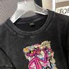 Women's Black Cartoon Print Pure Cotton T-shirt, American Style, Loose Fit, Short Sleeve, Summer 2025 Collection, Versatile for Couples
