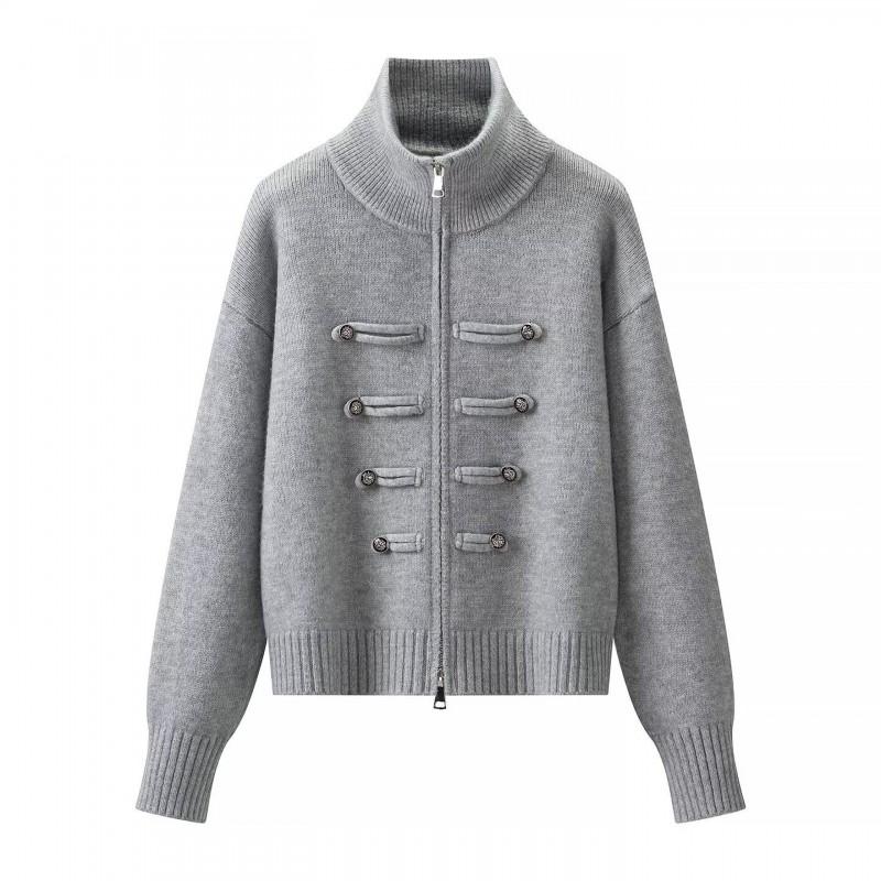 Womens Casual Fashion Long Sleeve Stand Collar Vintage Button Zip Knit Cardigan