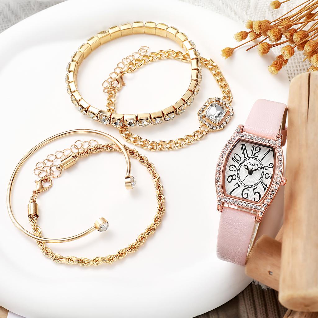 No Gift Box Simple and Fashionable Diamond Surface Leather Belt Watch   Crystal Diamond Bracelet 5 Pieces Set