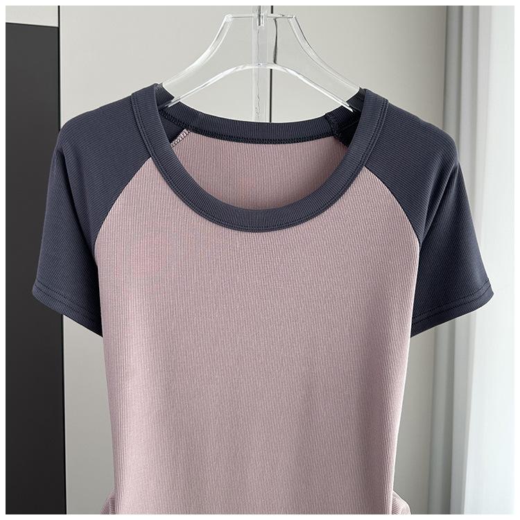 Raglan Short Sleeve Color Block T-Shirt Plus Size Loose Slim Crop Top For Summer Versatile Breathable Soft Material Flattering Slim Women Top