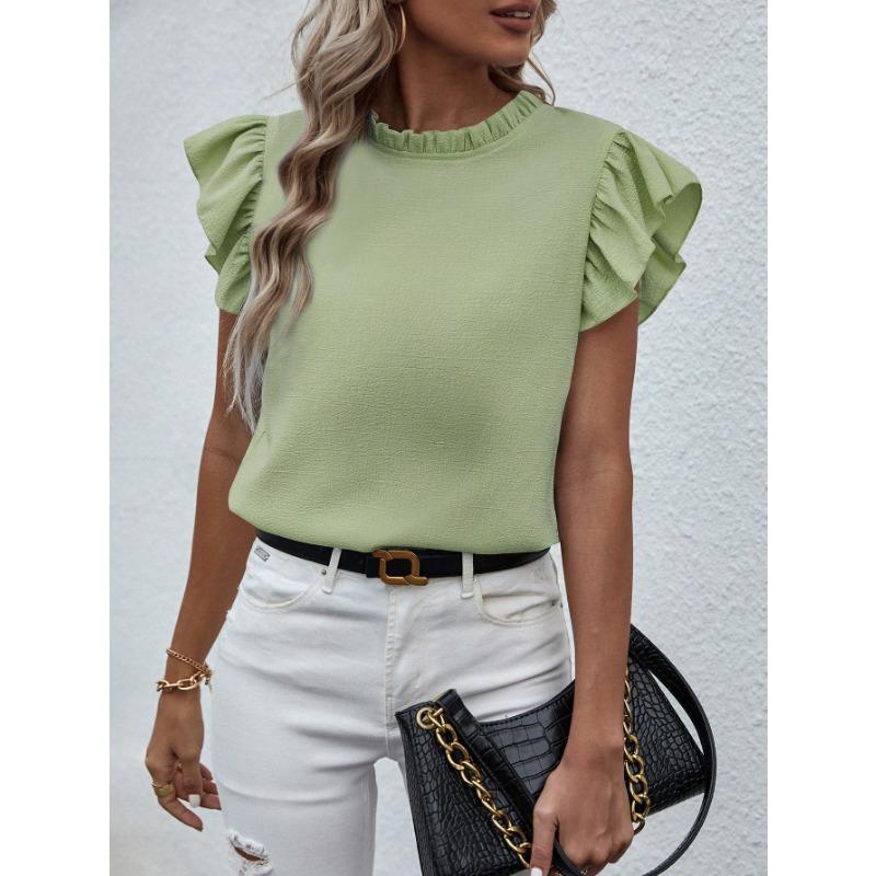 Women Short Sleeve Ruffled Round Neck Blouse