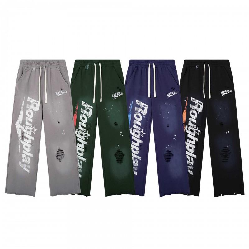 Roughplay Streetwear Pants Mens Loose Fit Distressed Washed Drawstring Trousers
