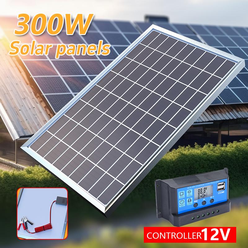 300W Solar Panel Kit Complete 12-18V Polycrystalline Power Portable Outdoor Rechargeable Solar Cell Solar Generator for Home