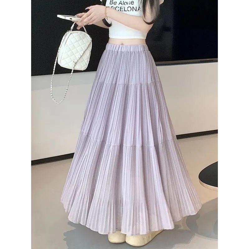 

Новая летняя юбка для женщин фиолетовая с высокой талией плиссированная юбка нежный стиль чувство дизайна большая миди-юбка M