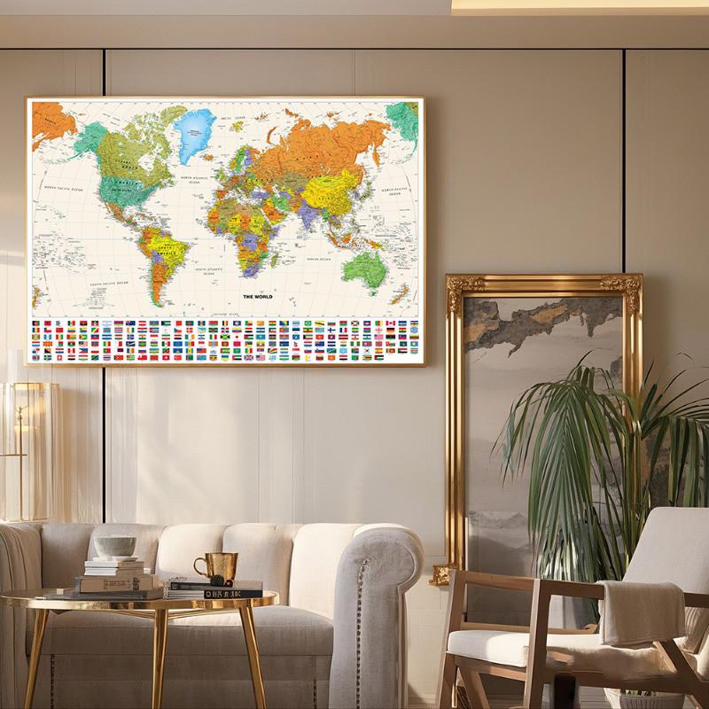 World Map-Countries with Cities,Polyester Wall Hanging,for Kids' Room,Living Room,Dorm,Educational Decor,Wall Art,Travel Tools