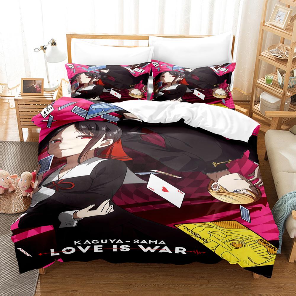 Kaguya Sama Love Is War Bettwäsche-Set 3-teilig Kaguya und Miyuki Herzform Roter Hintergrund Anime-Print Bettbezug Alle Größen