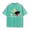 Retro Washed Brown T-shirt Men Funny Animal Graphic Tee Cat Riding Bike Casual Loose Cotton Short Sleeve