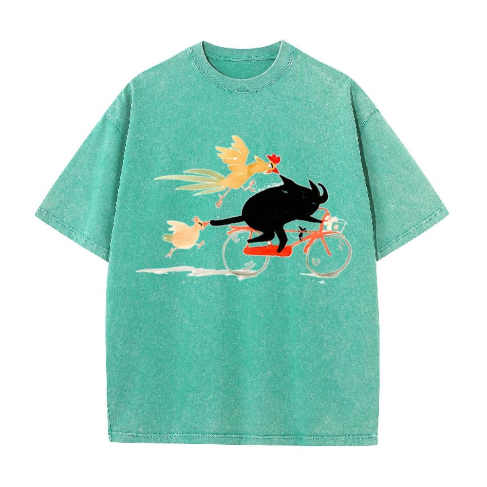 Retro Washed Brown T-shirt Men Funny Animal Graphic Tee Cat Riding Bike Casual Loose Cotton Short Sleeve
