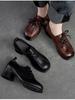 Johnature Retro Women Shoes Med Heels Solid Color Pumps Genuine Leather Round Toe Handmade Lace-up Shoes