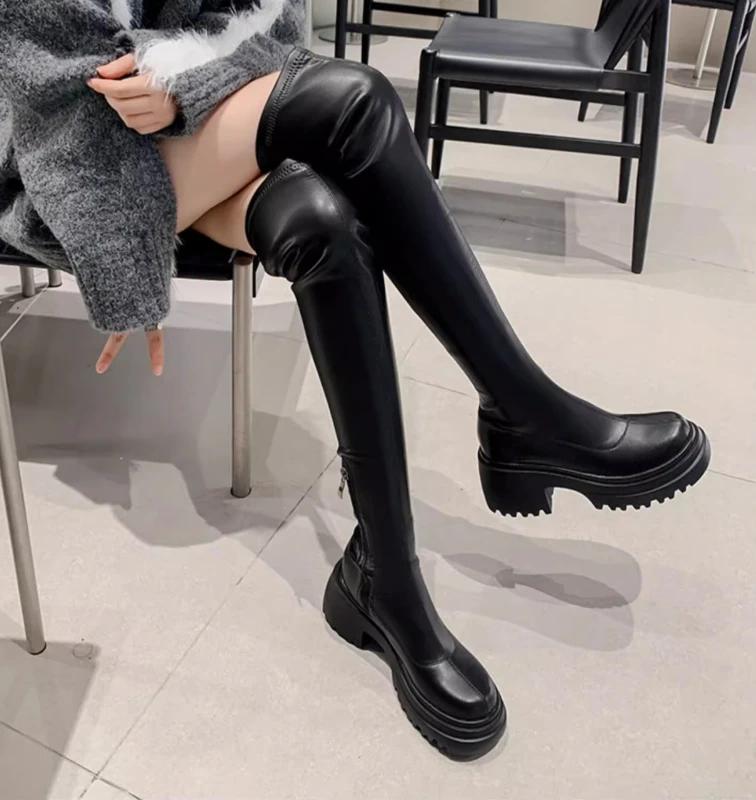 Women's High Over-the-knee Boots Round Head Half-zipper Elastic Thin Thick Bottom Boots Two Heights Optional Fashion Boots Shoes