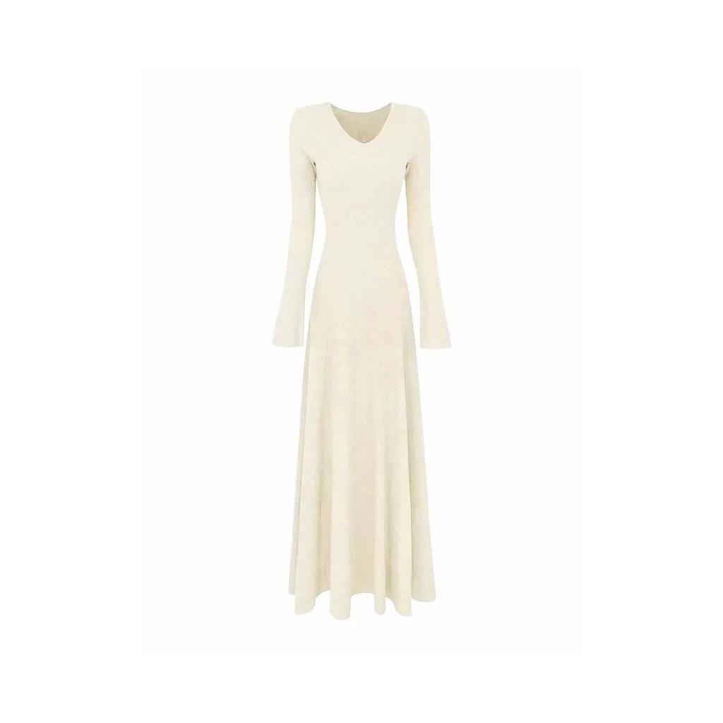 Women's Elegant V-Neck Long Sleeve Knit Dress - Slimming, Versatile, and Flattering for Autumn and Winter
