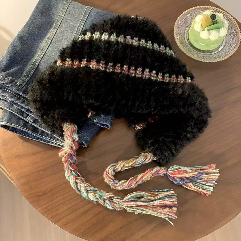 New Plush Hat Women's Autumn and Winter Warm Ear Protection Wool Hat Shows a Small Face Knitted Hat Bag Dual-purpose