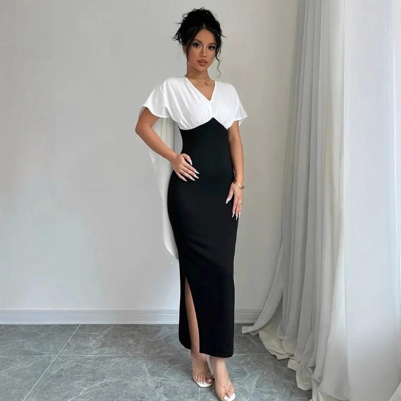 

Женское французское темпераментное сексуальное платье-накидка с тонкими бретелями и разрезом на бедрах 2XL белый/чёрный