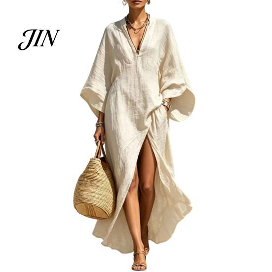 Breathable Casual Dress Women's Cotton Linen Maxi Dress, V Neck Batwing Sleeve Comfortable Daily Wear High Split Loose Beach Sundress with Pockets
