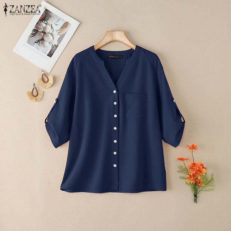 ZANZEA Lässige Bluse mit V-Ausschnitt und einfarbigen, lockeren Halbarm-Shirts für Damen