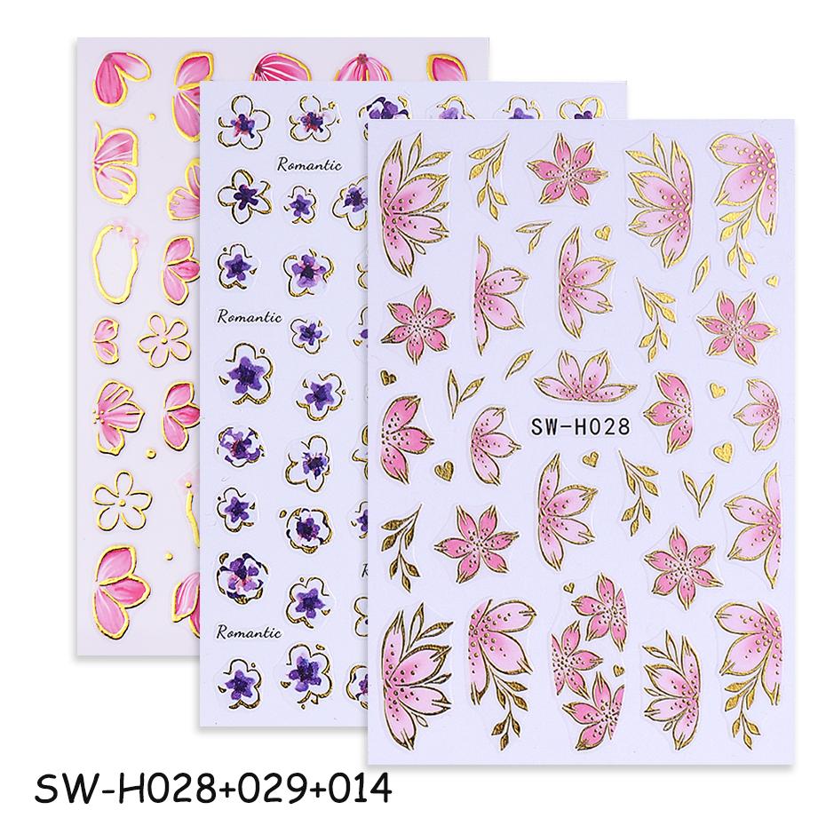 2/3 Stück Gold-Rosa Hibiskusblüten-Nagelsticker 3D Bronzefarbener Rand Blütenblätter Sakura Linien Slider Nagelaufkleber DIY Maniküre Dekor